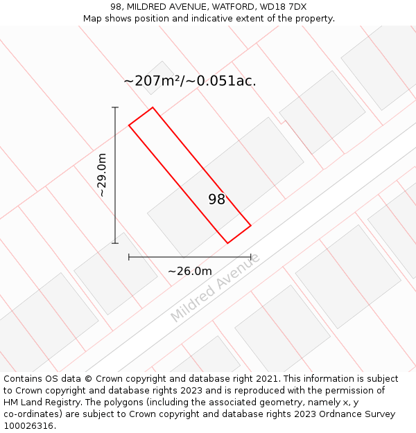 98, MILDRED AVENUE, WATFORD, WD18 7DX: Plot and title map
