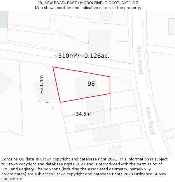 98, NEW ROAD, EAST HAGBOURNE, DIDCOT, OX11 9JZ: Plot and title map
