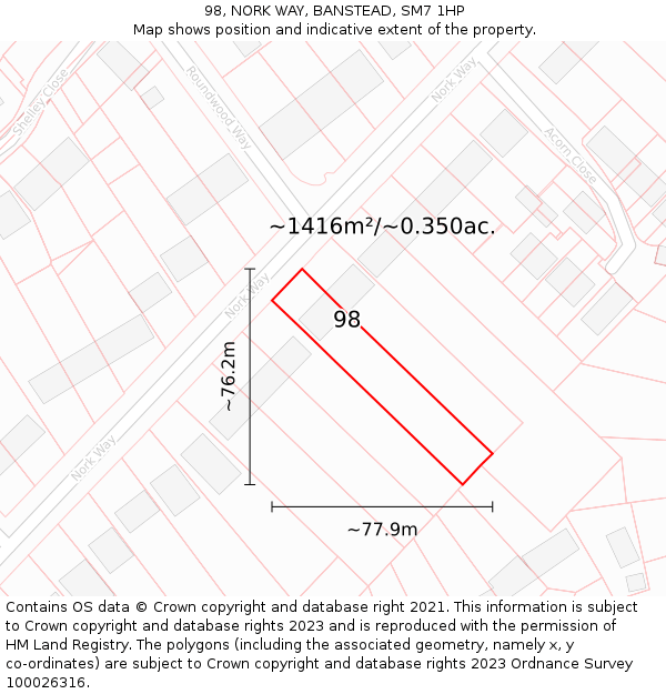 98, NORK WAY, BANSTEAD, SM7 1HP: Plot and title map