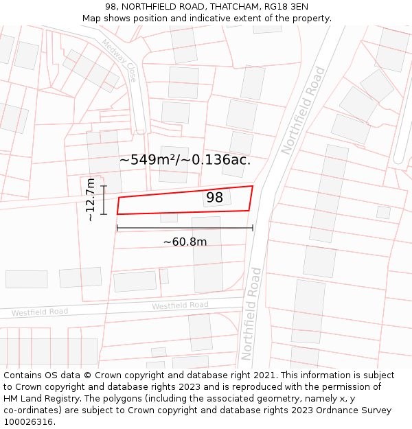 98, NORTHFIELD ROAD, THATCHAM, RG18 3EN: Plot and title map