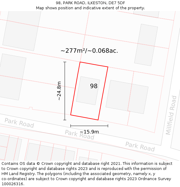 98, PARK ROAD, ILKESTON, DE7 5DF: Plot and title map