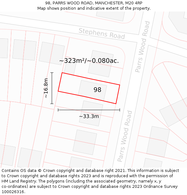 98, PARRS WOOD ROAD, MANCHESTER, M20 4RP: Plot and title map