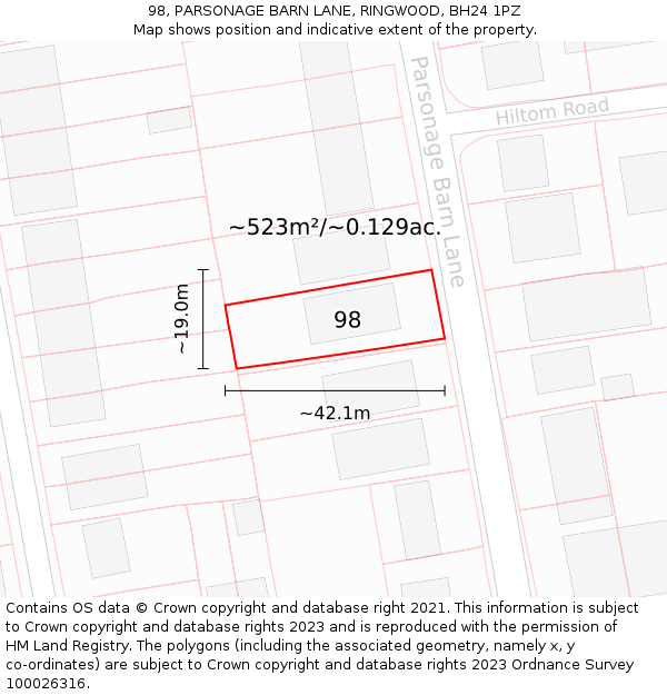 98, PARSONAGE BARN LANE, RINGWOOD, BH24 1PZ: Plot and title map