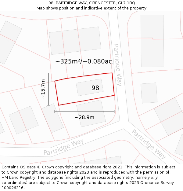 98, PARTRIDGE WAY, CIRENCESTER, GL7 1BQ: Plot and title map