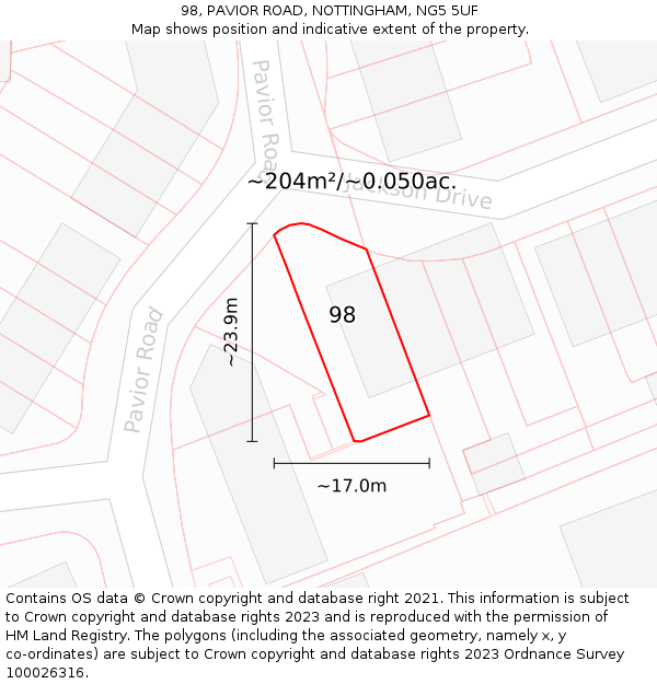 98, PAVIOR ROAD, NOTTINGHAM, NG5 5UF: Plot and title map