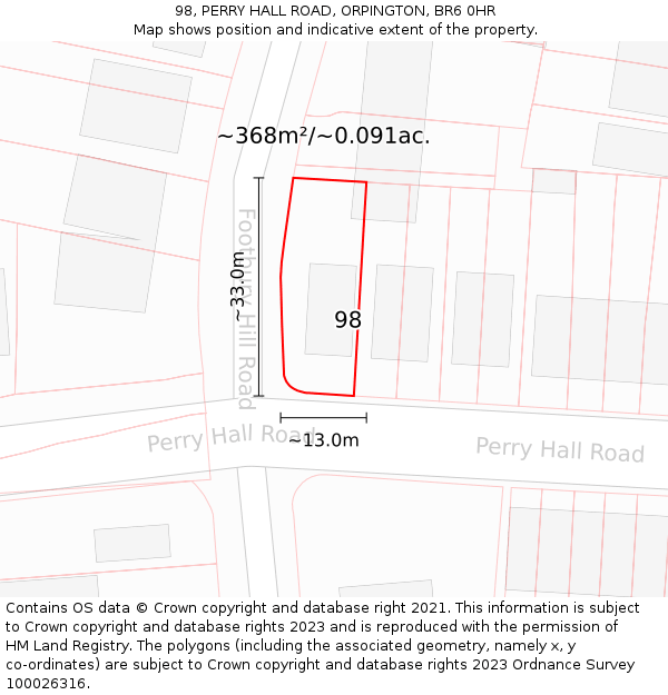 98, PERRY HALL ROAD, ORPINGTON, BR6 0HR: Plot and title map