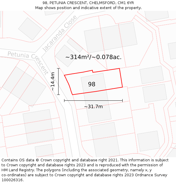 98, PETUNIA CRESCENT, CHELMSFORD, CM1 6YR: Plot and title map