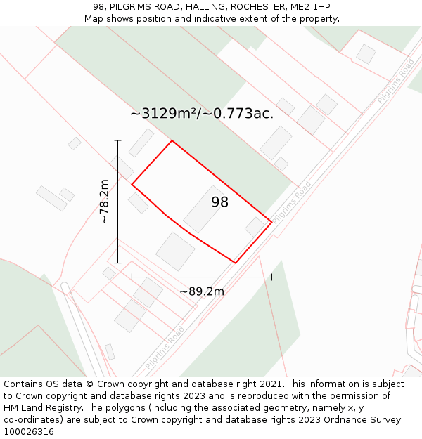 98, PILGRIMS ROAD, HALLING, ROCHESTER, ME2 1HP: Plot and title map