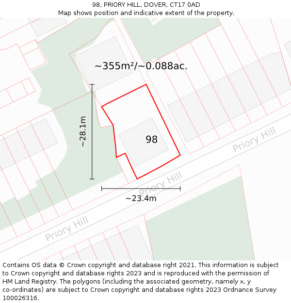 98, PRIORY HILL, DOVER, CT17 0AD: Plot and title map