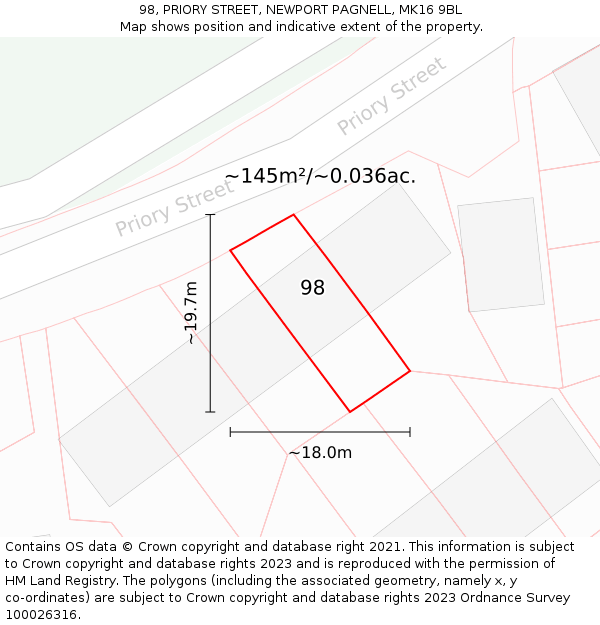 98, PRIORY STREET, NEWPORT PAGNELL, MK16 9BL: Plot and title map