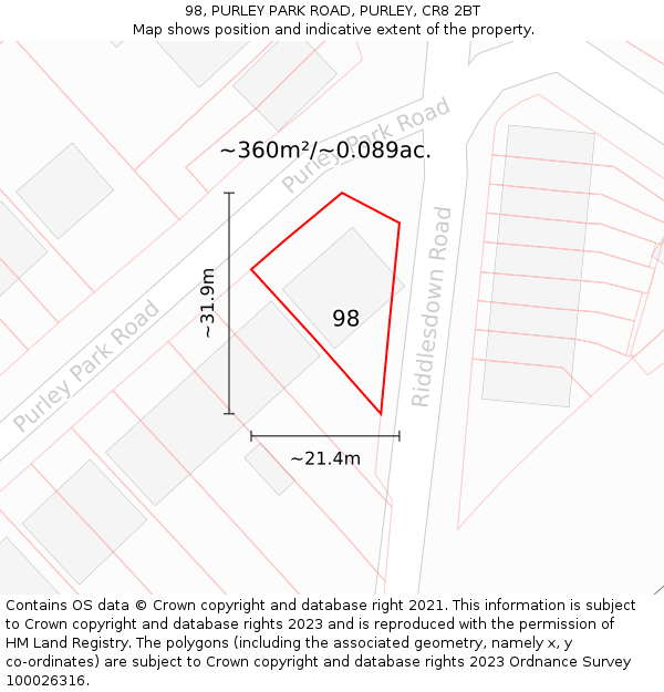 98, PURLEY PARK ROAD, PURLEY, CR8 2BT: Plot and title map