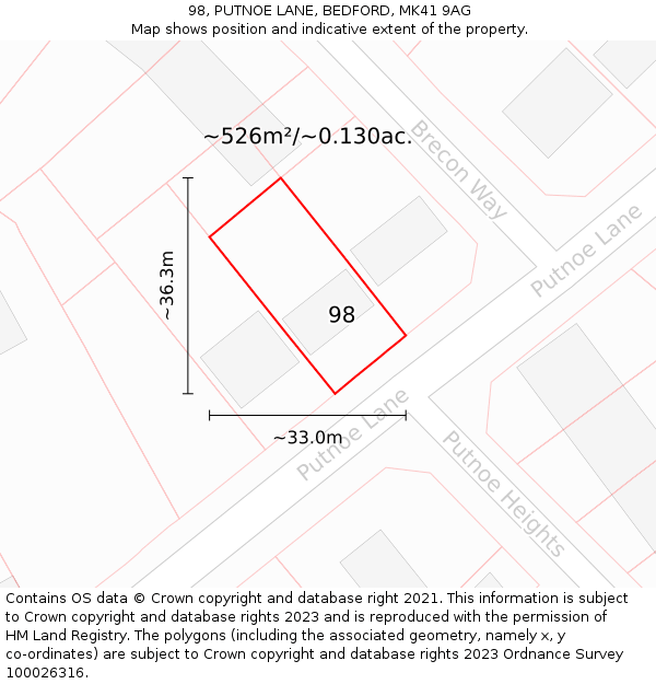 98, PUTNOE LANE, BEDFORD, MK41 9AG: Plot and title map