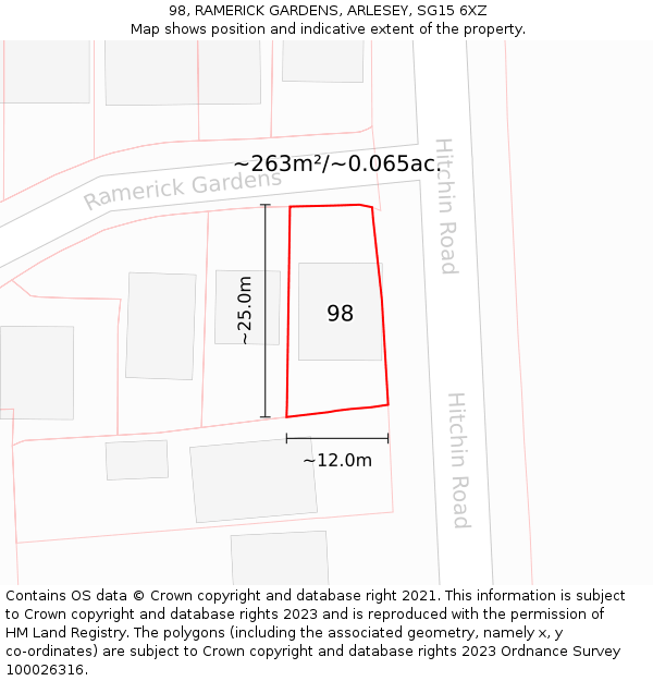 98, RAMERICK GARDENS, ARLESEY, SG15 6XZ: Plot and title map