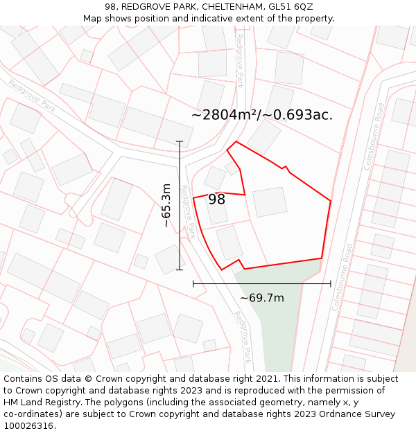 98, REDGROVE PARK, CHELTENHAM, GL51 6QZ: Plot and title map
