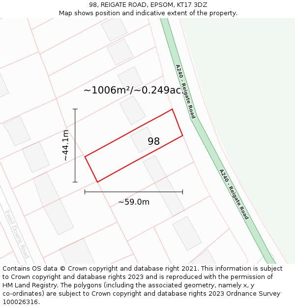 98, REIGATE ROAD, EPSOM, KT17 3DZ: Plot and title map