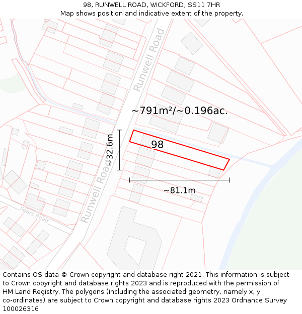 98, RUNWELL ROAD, WICKFORD, SS11 7HR: Plot and title map