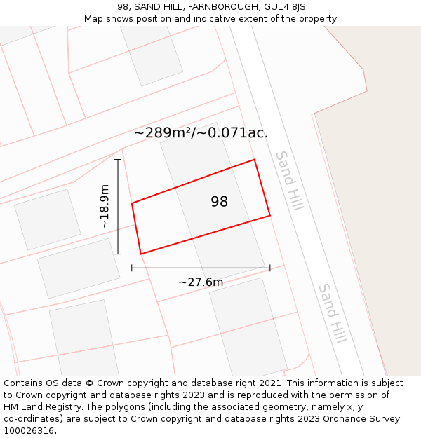 98, SAND HILL, FARNBOROUGH, GU14 8JS: Plot and title map