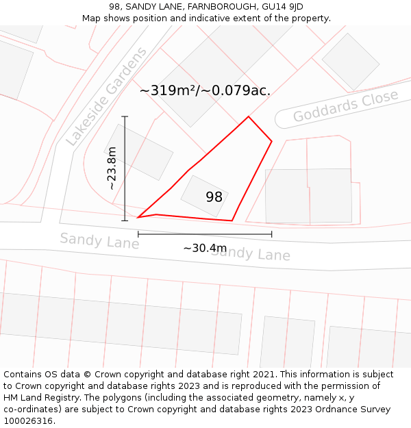 98, SANDY LANE, FARNBOROUGH, GU14 9JD: Plot and title map