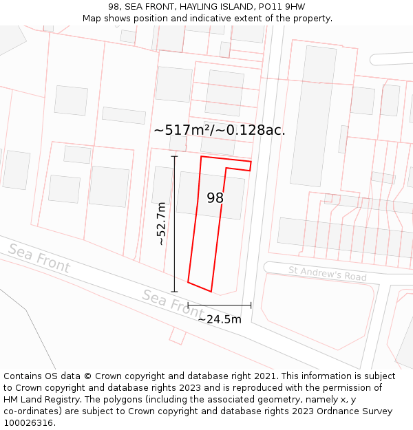 98, SEA FRONT, HAYLING ISLAND, PO11 9HW: Plot and title map