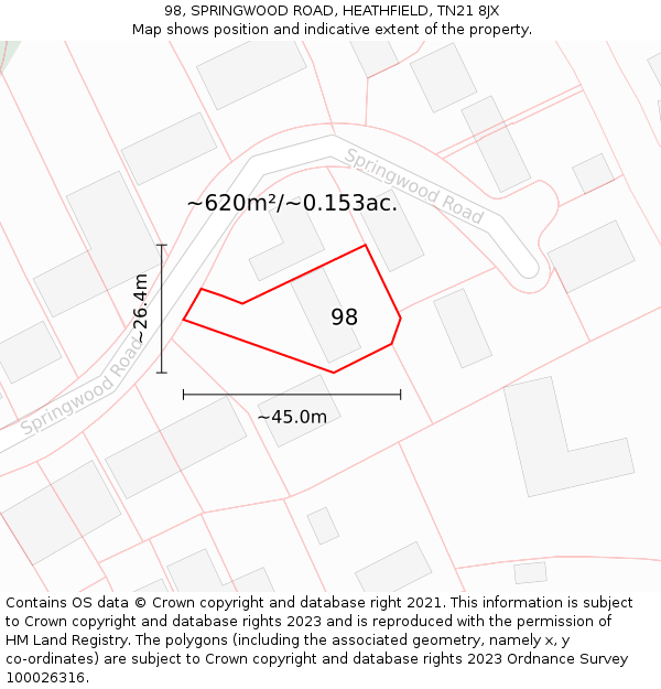 98, SPRINGWOOD ROAD, HEATHFIELD, TN21 8JX: Plot and title map