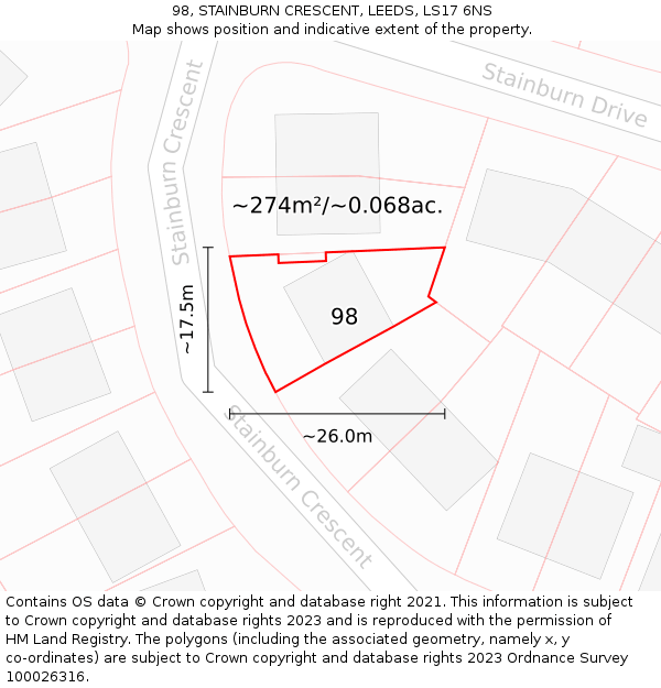98, STAINBURN CRESCENT, LEEDS, LS17 6NS: Plot and title map