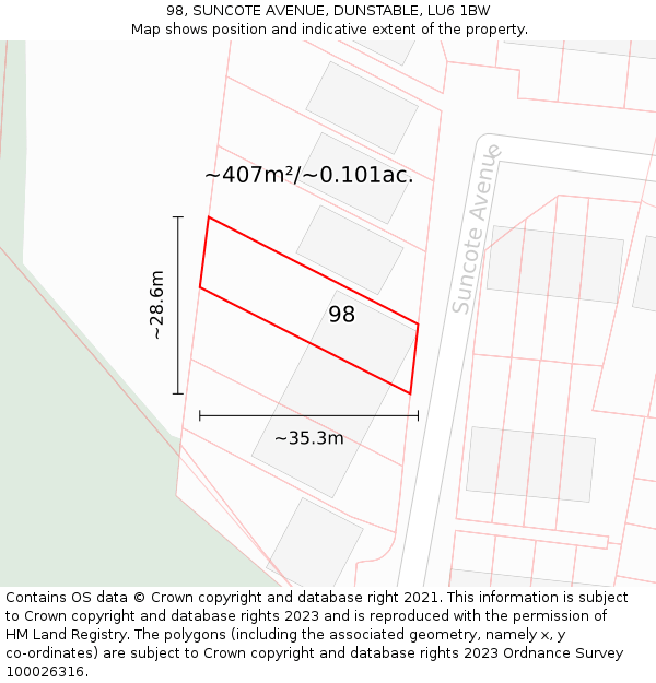 98, SUNCOTE AVENUE, DUNSTABLE, LU6 1BW: Plot and title map