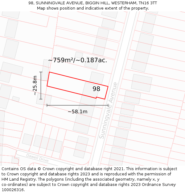 98, SUNNINGVALE AVENUE, BIGGIN HILL, WESTERHAM, TN16 3TT: Plot and title map