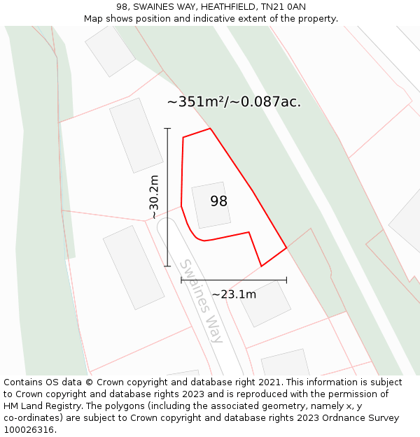 98, SWAINES WAY, HEATHFIELD, TN21 0AN: Plot and title map