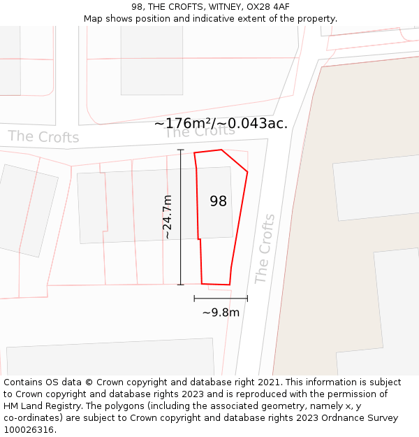 98, THE CROFTS, WITNEY, OX28 4AF: Plot and title map