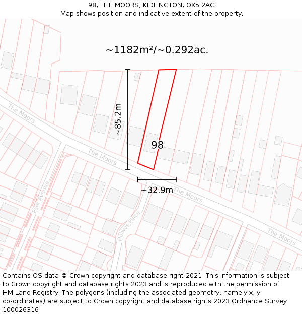 98, THE MOORS, KIDLINGTON, OX5 2AG: Plot and title map