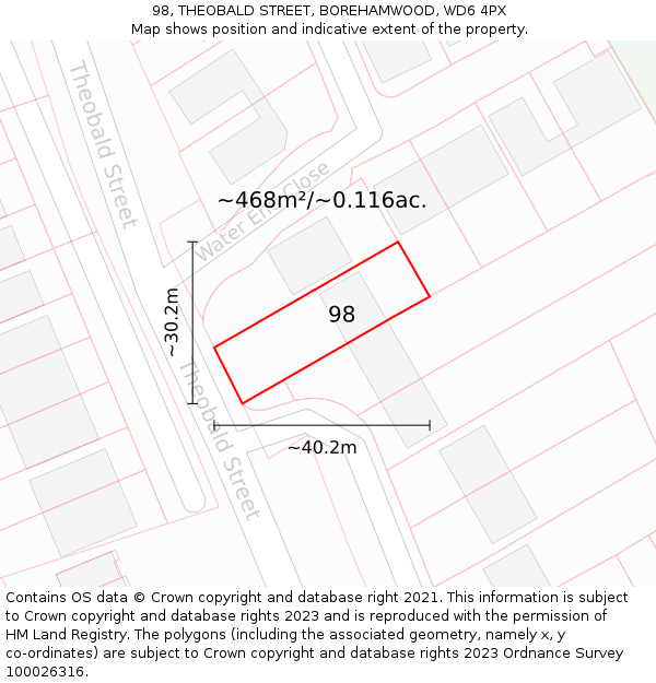 98, THEOBALD STREET, BOREHAMWOOD, WD6 4PX: Plot and title map