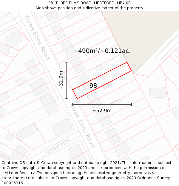 98, THREE ELMS ROAD, HEREFORD, HR4 0RJ: Plot and title map