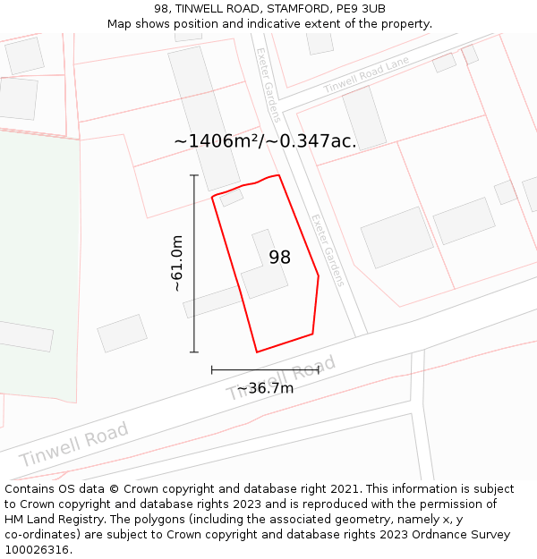 98, TINWELL ROAD, STAMFORD, PE9 3UB: Plot and title map