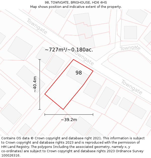 98, TOWNGATE, BRIGHOUSE, HD6 4HS: Plot and title map