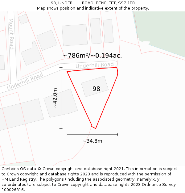 98, UNDERHILL ROAD, BENFLEET, SS7 1ER: Plot and title map