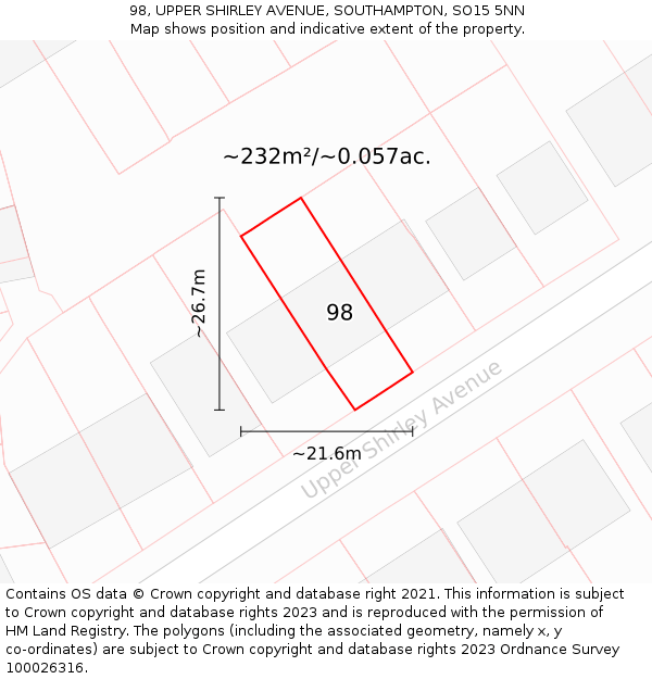 98, UPPER SHIRLEY AVENUE, SOUTHAMPTON, SO15 5NN: Plot and title map