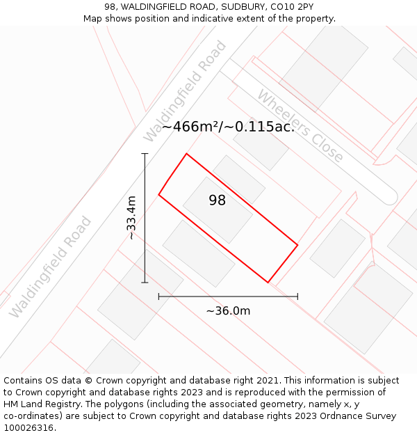 98, WALDINGFIELD ROAD, SUDBURY, CO10 2PY: Plot and title map