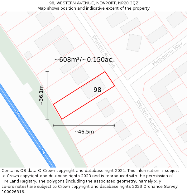 98, WESTERN AVENUE, NEWPORT, NP20 3QZ: Plot and title map