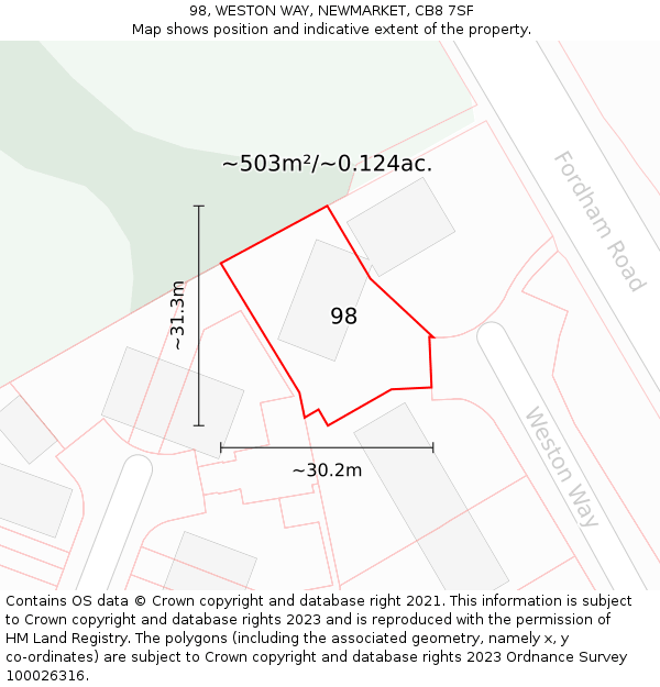 98, WESTON WAY, NEWMARKET, CB8 7SF: Plot and title map