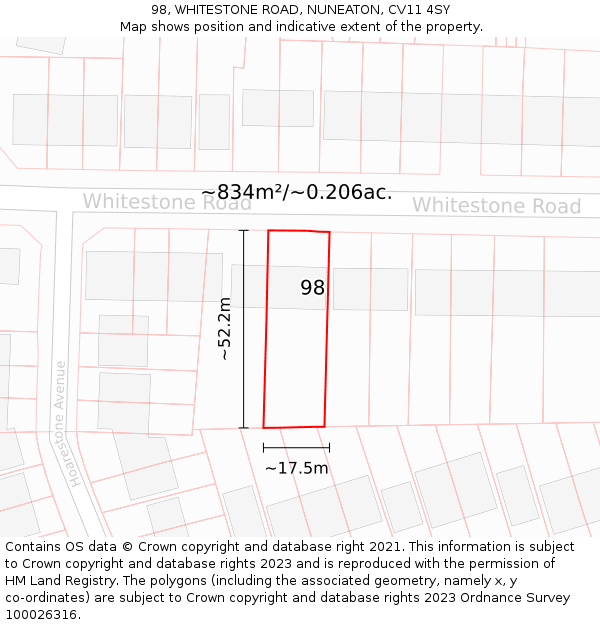 98, WHITESTONE ROAD, NUNEATON, CV11 4SY: Plot and title map