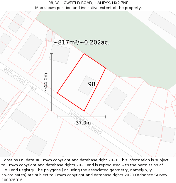 98, WILLOWFIELD ROAD, HALIFAX, HX2 7NF: Plot and title map