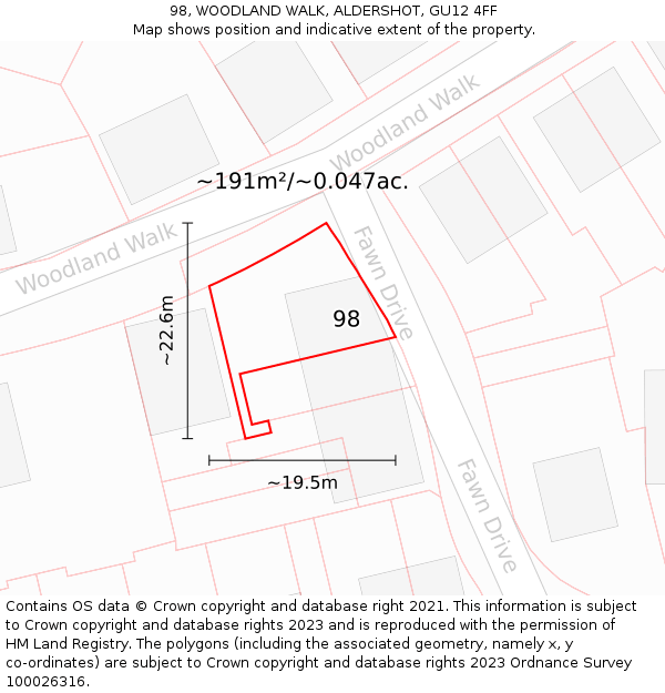 98, WOODLAND WALK, ALDERSHOT, GU12 4FF: Plot and title map