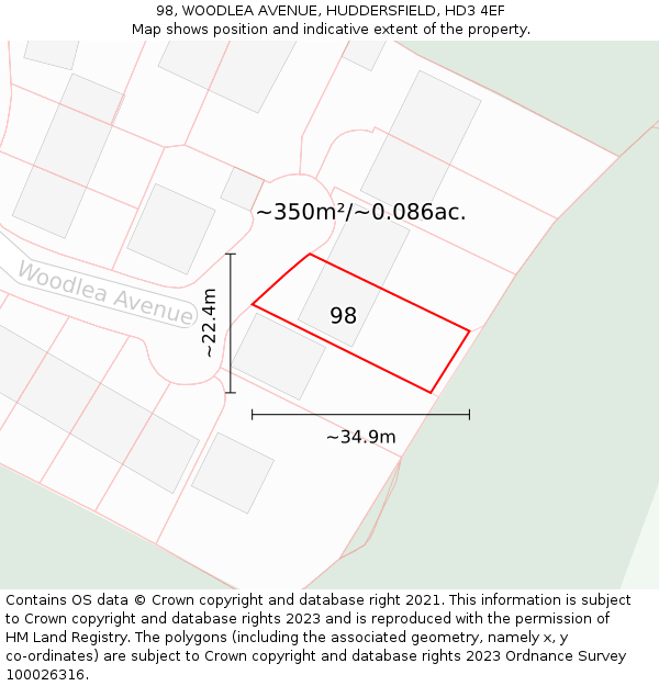 98, WOODLEA AVENUE, HUDDERSFIELD, HD3 4EF: Plot and title map