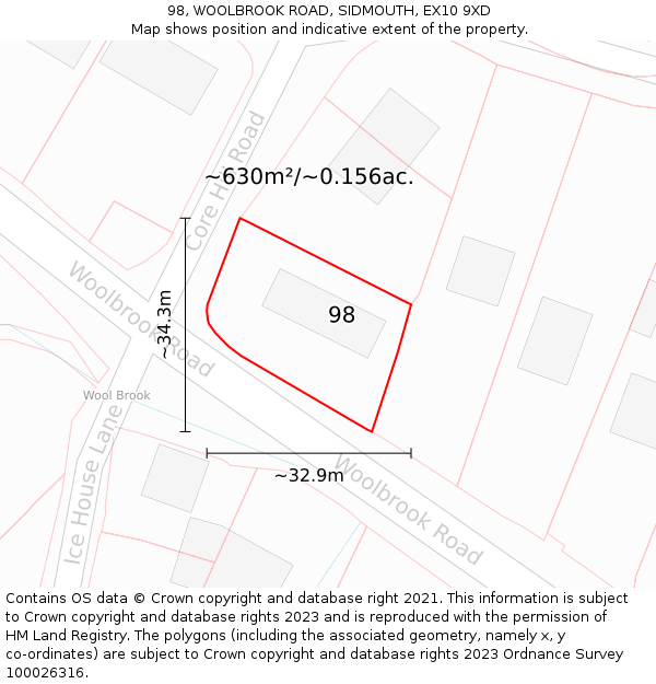 98, WOOLBROOK ROAD, SIDMOUTH, EX10 9XD: Plot and title map