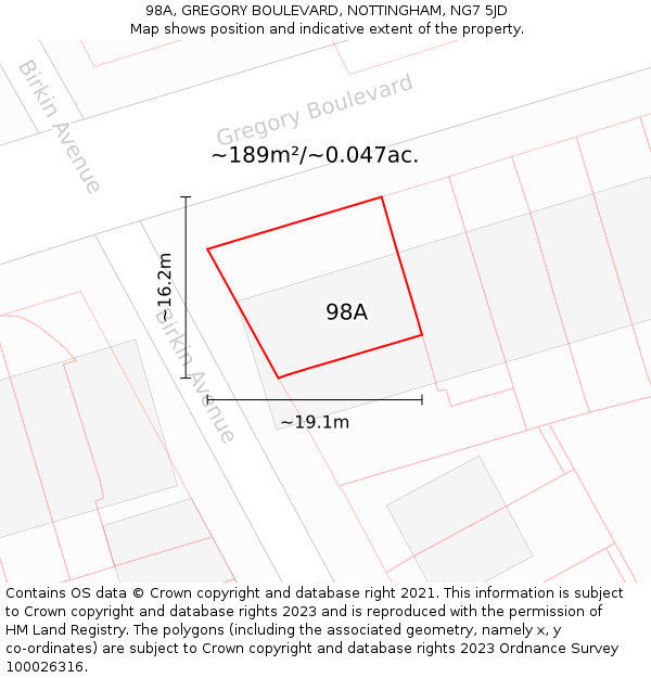 98A, GREGORY BOULEVARD, NOTTINGHAM, NG7 5JD: Plot and title map