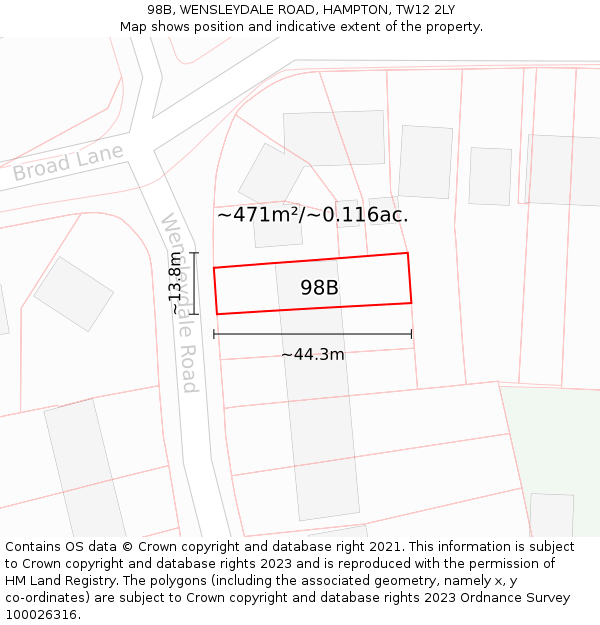 98B, WENSLEYDALE ROAD, HAMPTON, TW12 2LY: Plot and title map