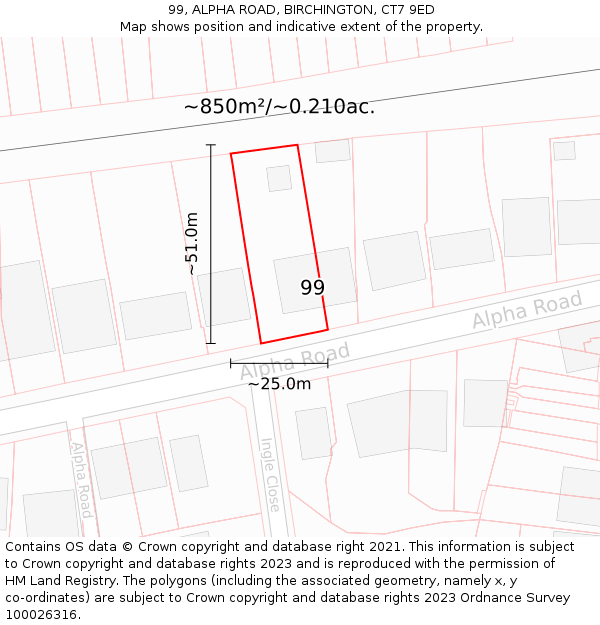 99, ALPHA ROAD, BIRCHINGTON, CT7 9ED: Plot and title map