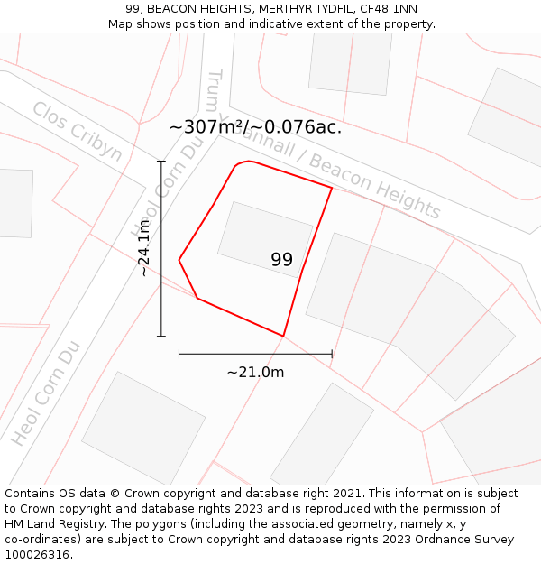 99, BEACON HEIGHTS, MERTHYR TYDFIL, CF48 1NN: Plot and title map