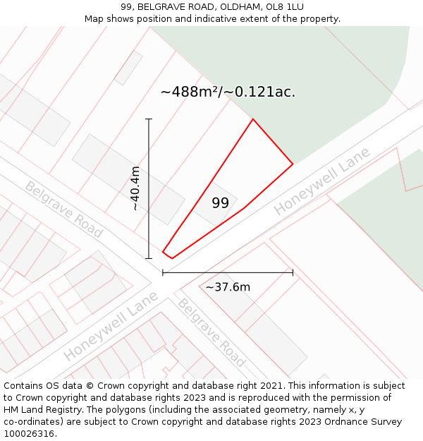 99, BELGRAVE ROAD, OLDHAM, OL8 1LU: Plot and title map