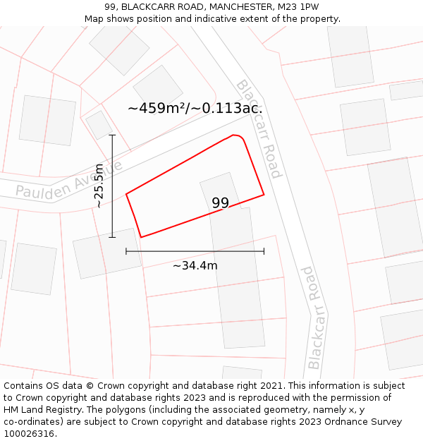 99, BLACKCARR ROAD, MANCHESTER, M23 1PW: Plot and title map